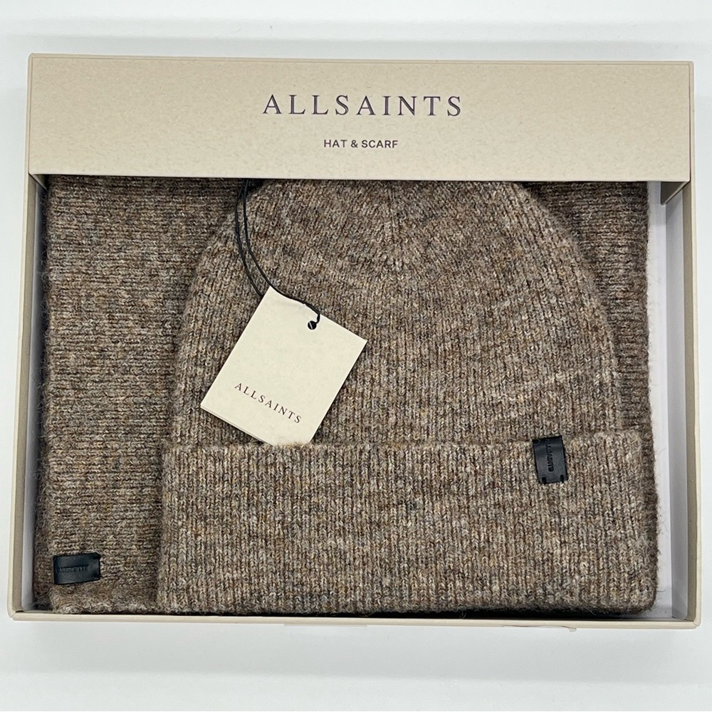 All Saints Scarf & Hat Boxed Gift Set NWT in Pine Bark Brown
